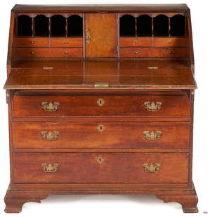 Southern Chippendale Walnut Slant Front Desk: Southern Chippendale walnut slant front desk, poplar and yellow pine secondary. Top of case with exposed dovetails with a lip molded hinged fall-board opening to a fitted interior of a plain central
