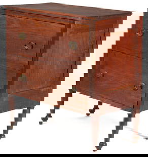 Southern walnut two drawer Sheraton server: Southern walnut two-drawer Sheraton server, poplar and yellow pine secondary. Consisting of a rectangular top over two scratch-beaded dovetailed drawers with oval brass pulls having a floral