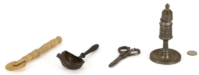 4 Whaling Related Items, incl. Oil Lamp & Bone Pie Crimper