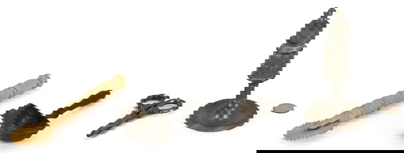 4 Whaling Related Items, incl. Oil Lamp & Bone Pie Crimper: Collection of four whaling-related items including: a carved and turned whale bone pie crimper, a whale oil lamp made by Poole's Pewter Company of Taunton, Massachusetts; a pair of silver metal