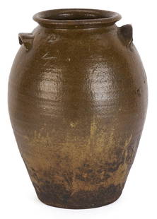 Kelly "Kell" Ritchie NC Pottery Jar: Kelly "Kell" Ritchie (Lincoln County, NC, 1855-1930) 4-gallon alkaline glazed stoneware pottery jar. Baluster form, short flaring rim, and lug handles. Stamped KR below the rim and incised 4 just