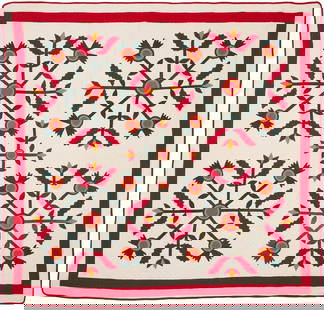 East TN Pieced and Applique Quilt: East TN pieced and applique&nbsp;quilt, Rose of Sharon pattern, consisting of vivid red, green, cheddar, and pink cotton fabrics on a white ground with a red border and binding. Overall quilted parall