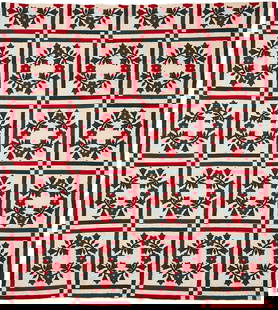 TN Rose Wreath Quilt, attrib. West TN: Mid-19th century quilt attrib. West Tennessee hand applique, pieced and quilted Rose Wreath pattern, consisting of solid cotton fabrics in red, green, "cheddar" orange, a cream back, and thin cotton b