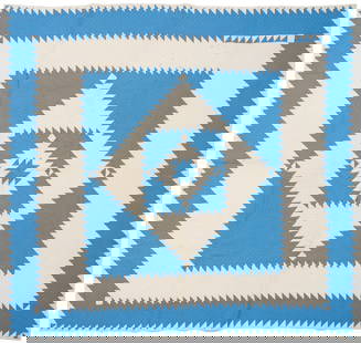 Sawtooth Diamond Medallion Blue & White Quilt: Blue and white cotton quilt, possibly West Virginia, with exceptional hand piecing and hand quilting; central diamond and square medallion on a blue field, and sawtooth borders
