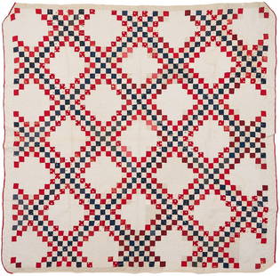 Southern Red, White & Blue Irish Chain Quilt: Southern, likely Tennessee, red and white hand-pieced and quilted quilt, Irish chain pattern. Constructed of red, blue, and white cotton prints with some conversation prints including dog heads,