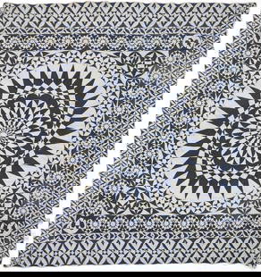 Exhibited Blue & White Patriotic Medallion Quilt Top: American large patriotic blue and white hand-pieced cotton Medallion pattern quilt top, of original design and possibly based on a mosaic floor design, with four eagles in each corner and additional