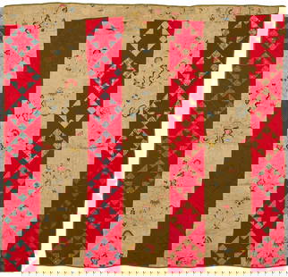 Touching Stars Variant Quilt, Exhibited: American Touching Stars variant pattern quilt, consisting of repurposed mid-18th century strips of linen crewel work, most likely from a dress, and paired with strips of red wool piecing lik