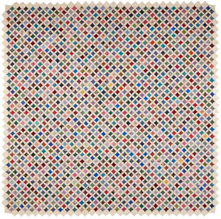 Thousand Lights of Life or Cathedral Window Quilt: A large Cathedral Window pattern quilt, constructed of a wide range of printed cotton fabrics and white muslin. The folded design creates a diamond in the circle within a sawtooth