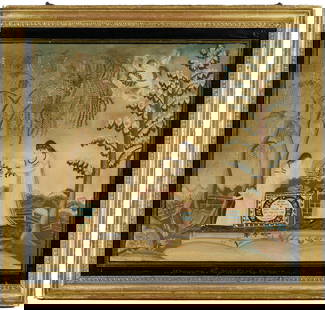 Silk Embroidered Memorial Picture, Tuttle Family: Watercolor and silk embroidered memorial picture depicting a woman placing flowers on an urn and monument, "Sacred to the memory of John Tuttle on March 2, 1756 / Aged 19 months." A