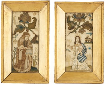 Pair 17th C. Silk Stumpwork Pictures