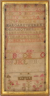 Scottish Needlework Sampler, M. Kerr Urquhart: Scottish Sampler, silk on linen, stitched by Margaret Urquhart, listing names of her family members including mother Mary Kerr, father James Urquhart, and siblings, along with 2&nbsp;alphabets rendere