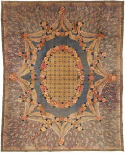 Antique French Savonnerie Carpet, 9' x 7': Antique French Savonnerie carpet, wool on cotton, with a central basketweave foliate oval medallion to the center on a blue ground surrounded by bands of floral garlands, overall&nbsp;multicolor geome