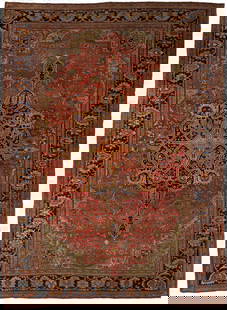 Antique Persian Farahan Sarouk Carpet, 8 ft. x 11 ft.: Antique Persian Ferahan Sarouk carpet, wool on cotton, center-shaped medallion on a dark blue field within a larger shaped red ground medallion, flanked by floral spandrels, within five primary