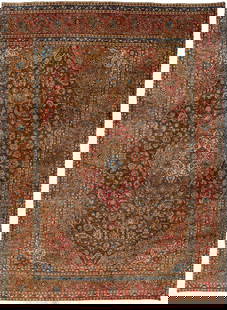 Persian Kashan Carpet, 13 ft. x 9 ft.: Persian Kashan carpet, wool on cotton foundation, concentric geometric central medallion design centered with a rust ground, all-over geometric floral designs and red/salmon color background, floral