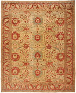 Oriental Peshawar Carpet, 12 ft. x 14 ft.: Large Oriental Peshawar carpet, wool on cotton, Afghan or Pakistan, with a central ivory field with scrolling red and blue palmette or medallion designs, within three primary borders. Woven in colors