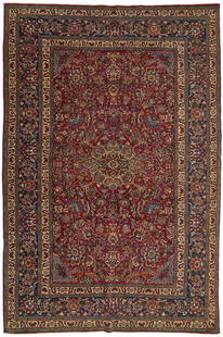 Persian Kashan Pictorial Vase Rug, 6 ft. x 9 ft.: Persian Kashan pictorial vase carpet, wool on cotton, central shaped medallion flanked by two flowering vases flanked by leaping deer at each end with three primary borders. Scrolling foliate