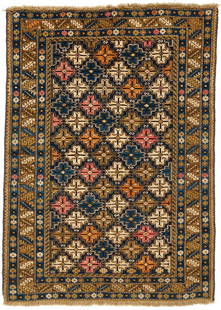Antique Caucasian Shirvan Rug: Antique Caucasian Shirvan tribal rug, wool on wool, allover medallion design, woven in pink, salmon, blue, cream, and gold designs.&nbsp;5 ft. 1 in. x 3 ft. 9 in. Circa 1890.&nbsp; Additional high-res