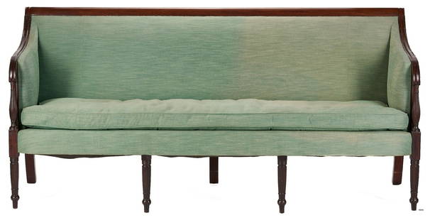 Late Federal Square-back Mahogany Sofa, Prob. Philadelphia: Late Federal square-back mahogany sofa with exposed scrolled top rail. Exposed wooden arm rests sloping to carved handholds, with vase-turned reeded supports, sofa frame resting on four front tapering
