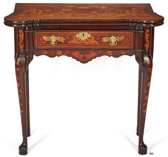 Dutch Marquetry Inlaid Mahogany Card Table: Dutch Marquetry inlaid card or game table, mahogany, featuring foldover top with turret corners, the exterior&nbsp;of the top having center inlaid urn and floral foliate designs flanked by inlaid bird