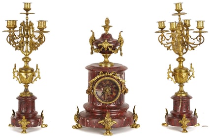 French Rouge Marble and Ormolu Mantel Clock & Garniture Set