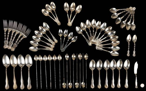 67 Assorted Pieces Sterling Silver Flatware: Sixty-seven (67) assorted sterling silver flatware pieces including: 4 Gorham Lancaster pattern serving spoons, 6 Gorham Lancaster pattern tablespoons, 6 Gorham Lancaster teaspoons, 12 Reed & Barton J