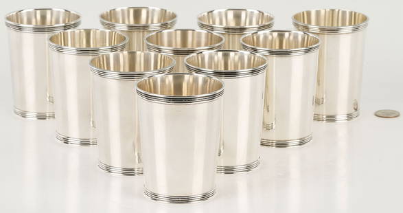 10 Sterling Silver Julep Cups: Grouping of ten (10) sterling silver Manchester julep cups (pattern #3759). 3 3/4 in. H. All with maker's marks to undersides, and stamped Sterling. No monograms. Total weight - 40.48 oz troy. Additio