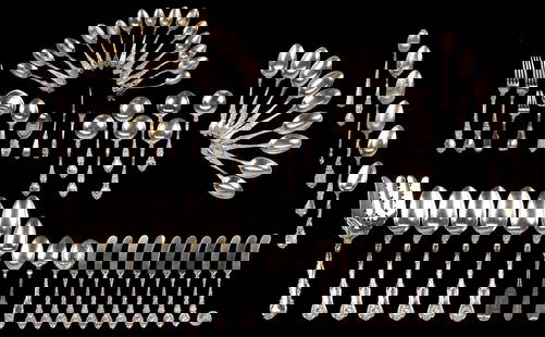 65 pcs Assorted Sterling and Coin Silver Flatware: 65 pcs flatware. Sterling Silver includes: 1 Tiffany St. Dunstan bon bon spoon; 1 Gorham Strasbourg asparagus fork; 6 Whiting Imperial Queen pattern tablespoons and 1 small tongs in the same pattern;