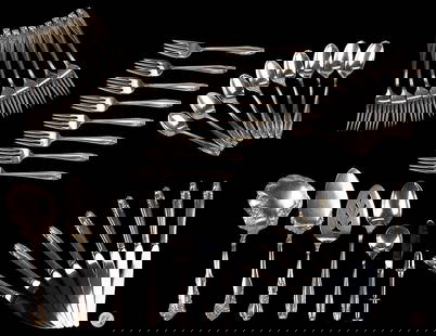 35 Pcs. Wallace Stradivari Pattern Sterling Flatware & 4 others: 35 Pcs. Wallace Stradivari Pattern Sterling Flatware and 4 others including: Thirty-five (35) Wallace Stradivari pattern flatware pieces consisting of eight (8) forks (7 1/8 in L), eight (8) salad