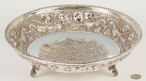 Sterling Silver Footed Bowl, Peacock Decoration
