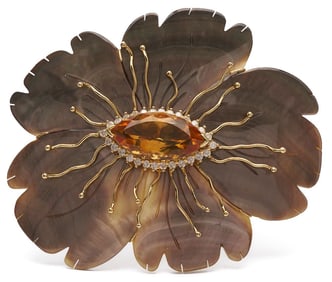 18K Gold, Imperial Topaz, Diamond, & Mother-of-Pearl Floral Brooch