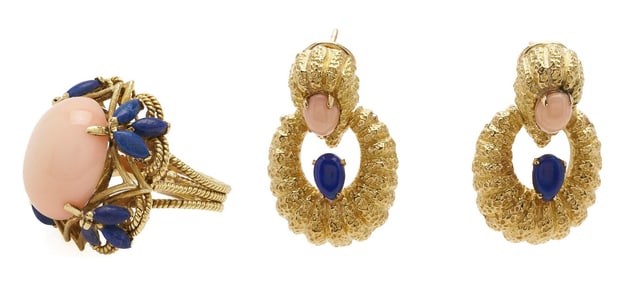 18K Rose Quartz & Lapis Lazuli Ring & Earrings