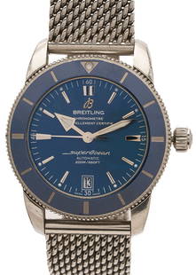 Breitling Superocean Heritage Watch w/ Box & Papers: Breitling Superocean Heritage automatic 42mm watch, Model# AB2010, stainless steel case and mesh bracelet, mechanical self-wind, blue dial with silver baton markers, quick-set date, and 26 jewels. Ser