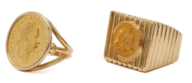 Two Ladies' 14K Gold Coin Rings