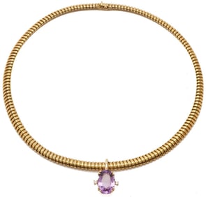 14K Gold, Amethyst, & Diamond Necklace