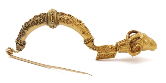21K Gold Etruscan Revival Fibula Ram's Head Brooch circa 1880