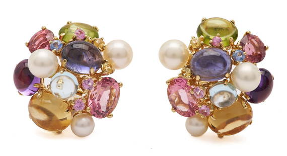 18K Gold  Bubble Earrings, style of Seaman Schepp: Ladies 18K yellow gold pair of pierced clip back Bubble earrings in the style of Seaman Schepp. The earrings featuring six (6) cultured pearls, two (2) citrines, two (2) amethyst, two (2) tanzanite, t