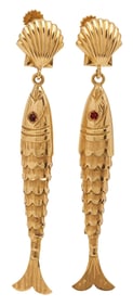 Pair 18K Gold & Ruby Fish Earrings