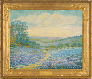 Minnie King O/C Landscape Painting, Texas Bluebonnets, 1931: Minnie Clark King (American/Texas, 1876-1964) impressionist oil on canvas landscape depicting a Texas meadow filled with blooming bluebonnets, with a path through the meadow center and trees with roll