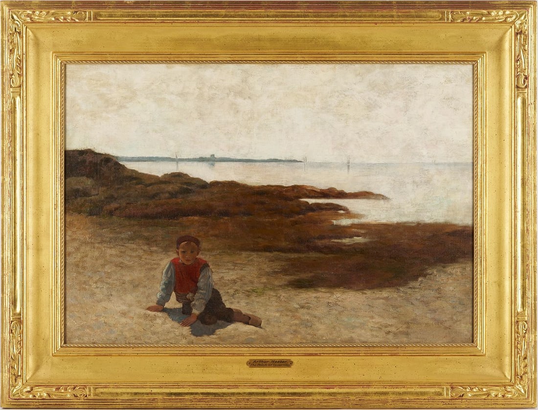Arthur Hoeber O/C, "Beach at Concarneau": Arthur Hoeber (American, 1854-1915), oil on canvas painting titled "The Beach at Concarneau [France]," depicting a young boy seated on a sandy beach in the foreground, and distant ships in the harbor