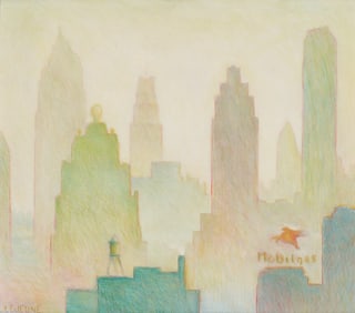 Philippe Lejeune Cityscape Painting, New York Skyline w/ Mobilgas Sign