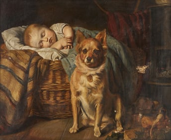 After Eugen Felix O/C Painting w/ Baby & Dog, The First Friend
