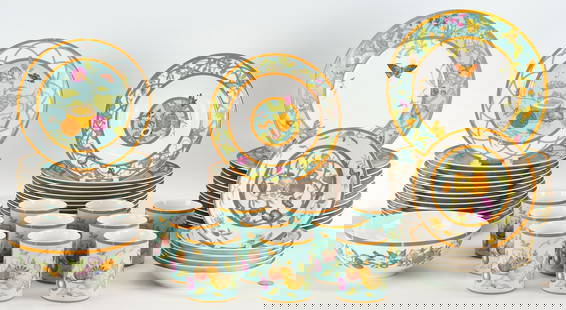 Hermes Siesta Island Porcelain Dinnerware, 55 pcs: Set of fifty-five (55) Hermes Siesta Island pattern porcelain dinnerware, including fourteen (14) salad plates (8 7/8 in. dia.), twelve (12) rim soup bowls (8 7/8 in. dia.), twelve (12) dinner plates(