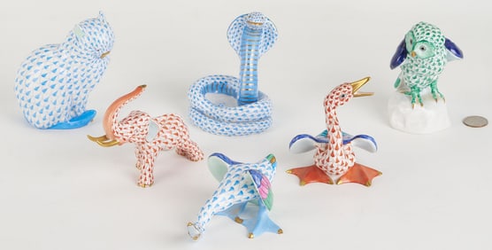 6 Herend Fishnet Porcelain Animal Figures