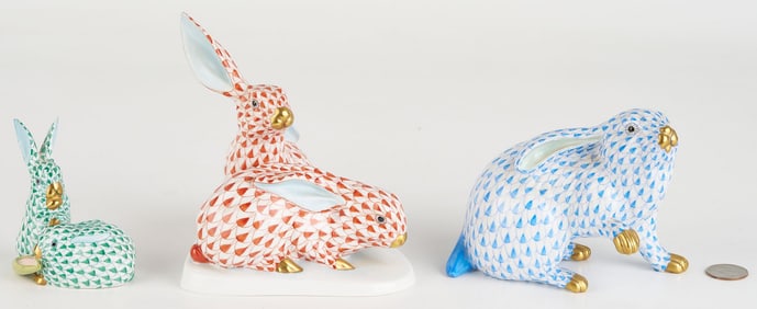 3 Herend Porcelain Fishnet Rabbits