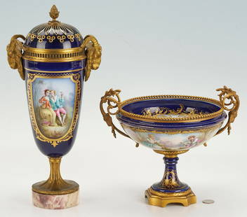 2 French Sevres Style Bronze Mounted Porcelain Items: 1st item: French Sevres-style porcelain compote with a cobalt ground and polychrome floral vignette decoration to the body and the bowl center, signed &#39;Rolli&#39;, with bronze mounts marked FRANCE