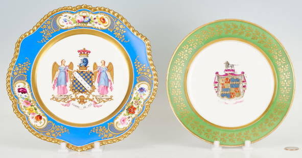 2 Armorial Porcelain Plates, Northumberland: 1st item: English Chamberlain's Worcester armorial plate with lobed gilt and bright blue border having floral reserves and coat of arms for the Baron Ward, Earl of Dudley, and bearing the French motto