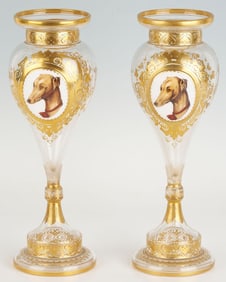 Pr. Bohemian Glass Portrait Vases, Whippet Dogs