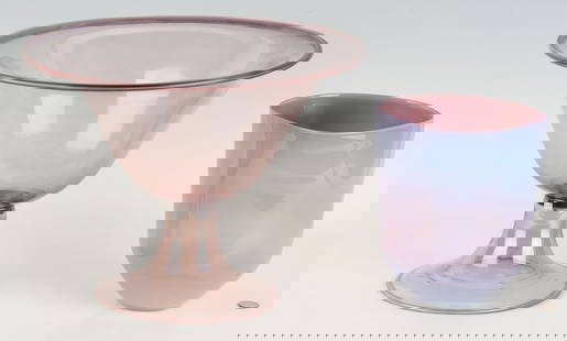 2 Amethyst Art Glass Bowls incl. Soffiati for Cappelin Venini: 1st item: Attrib. Vittorio Zecchin (1878-1947) for Cappellin Venini, Soffiato blown art glass centerpiece pedestal bowl in pale amethyst,&nbsp;unsigned. 11 1/2 in H x 14 1/4 in diameter. Circa 1925. 2