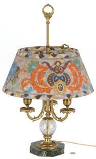 Pairpoint 3-arm Lamp, Reverse Glass Shade: Attributed to Pairpoint, table lamp with reverse painted floral shade, the base with three brass candle arms issuing from a crystal ball, atop an octagonal marble base. Brass basket of flowers finial.
