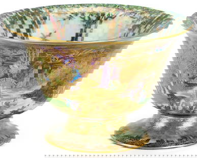 Wedgwood Fairyland Lustre Footed or Pedestal Bowl: Wedgwood or Wedgewood Fairyland lustre porcelain footedĀ bowl with slightly flaring rim, designed byĀ Daisy Makeig-Jones, decorated in the #Z4968 pattern. Black and green "Woodland Bridge